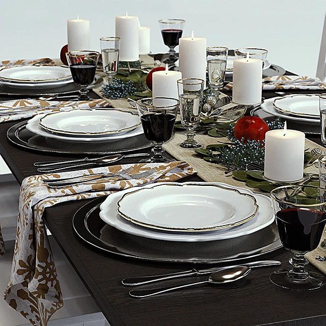 Traditional Festive Dining Set with Dark Wood and White Chairs (2)