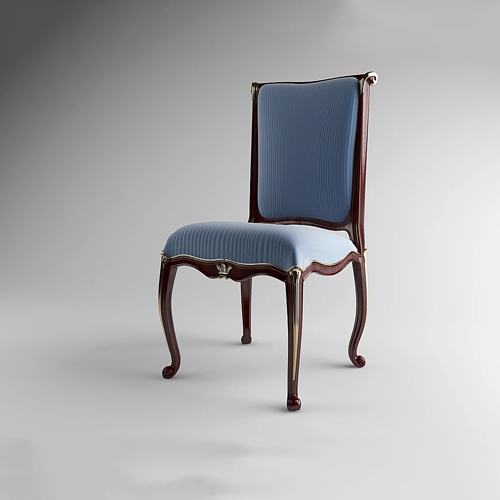 Classic Dining Chair with Gilded Accents and Blue Fabric