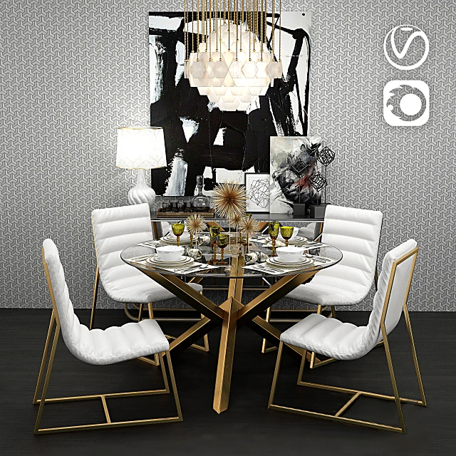 Dining Table with Gold Metal Base and Glass Top