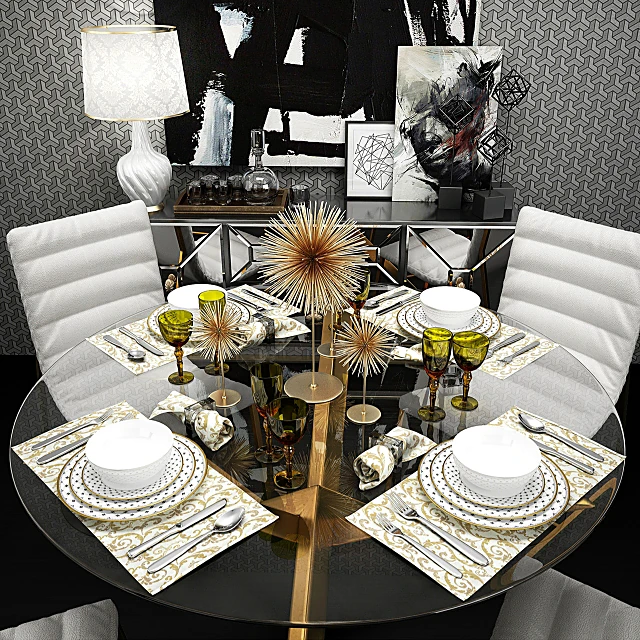 Dining Table with Gold Metal Base and Glass Top (2)