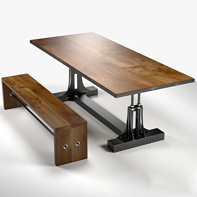 Dining Table and Bench Set with Industrial Metal Base