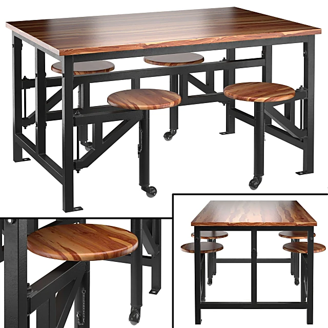 Industrial Metal and Wood Table and Stool Set