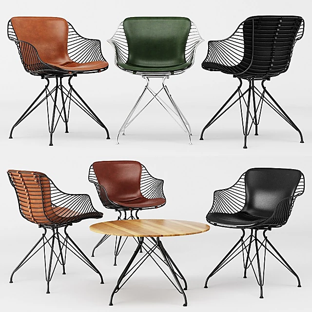 Wire Coffee Table and Chairs Set with Upholstered Seats and Wooden Top