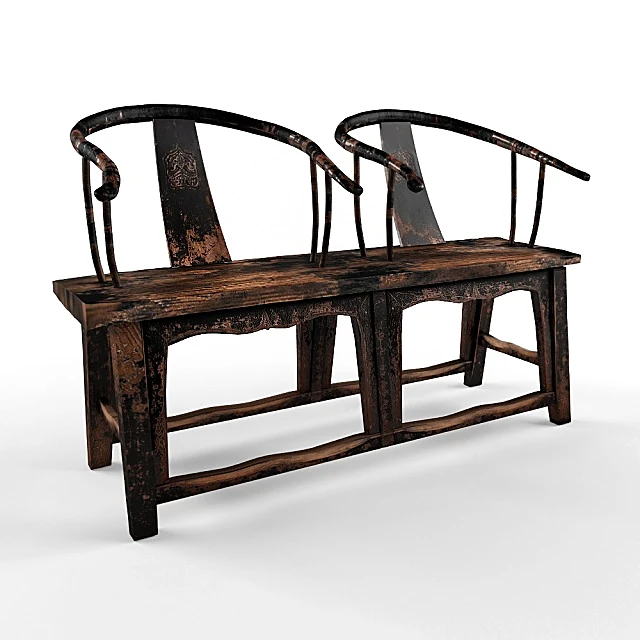 Antique Rustic Elm Wood Bench with Horseshoe Backrests