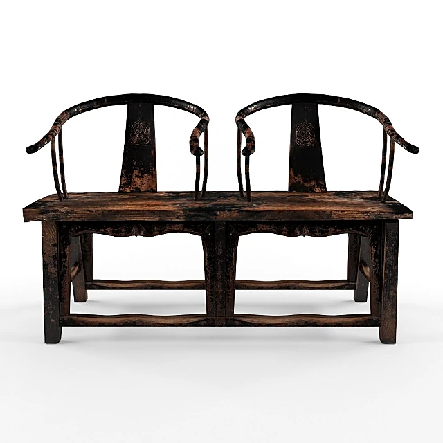 Antique Rustic Elm Wood Bench with Horseshoe Backrests (2)