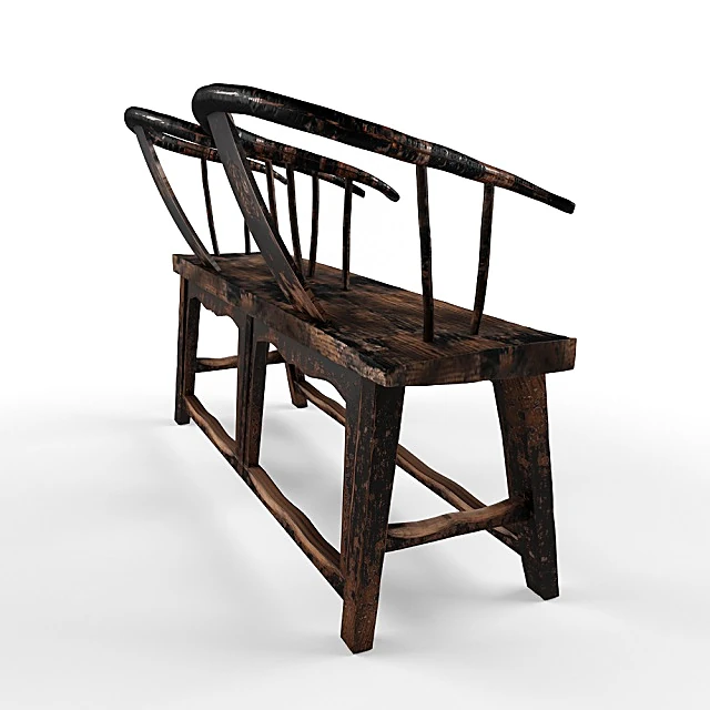 Antique Rustic Elm Wood Bench with Horseshoe Backrests (3)