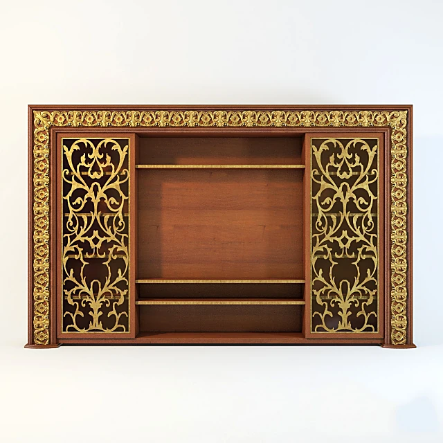 Classic Wood TV Stand with Ornate Gold Details