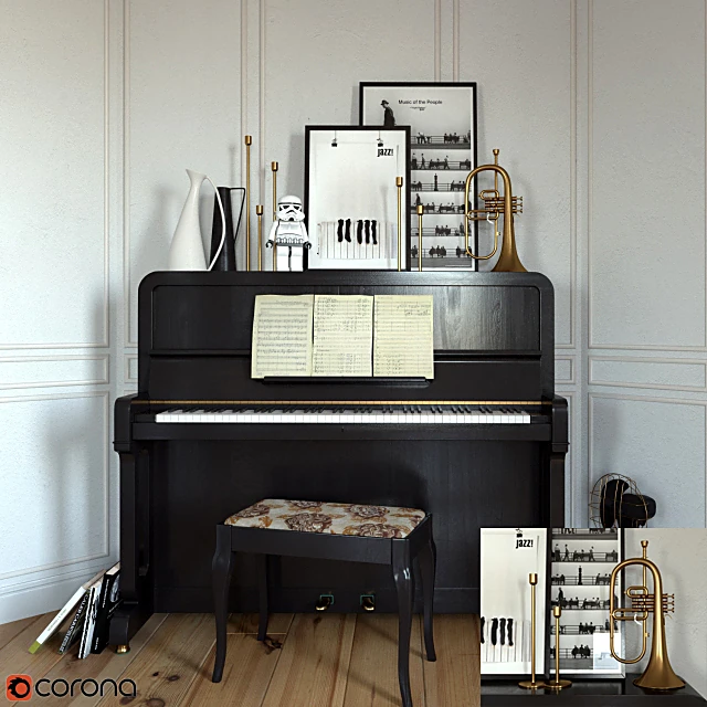 Musical Instrument Set with Classic Black Piano and Brass Flugelhorn