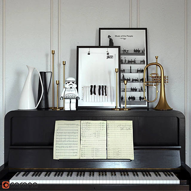 Musical Instrument Set with Classic Black Piano and Brass Flugelhorn (2)