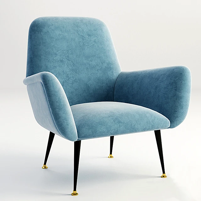 Vintage Armchair with Blue Fabric and Metal Legs
