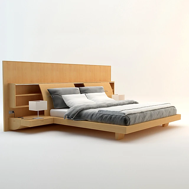 Modern Wooden Double Bed with Integrated Headboard