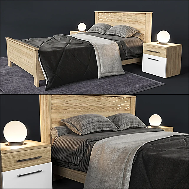 Wooden Bed with Wavy Headboard