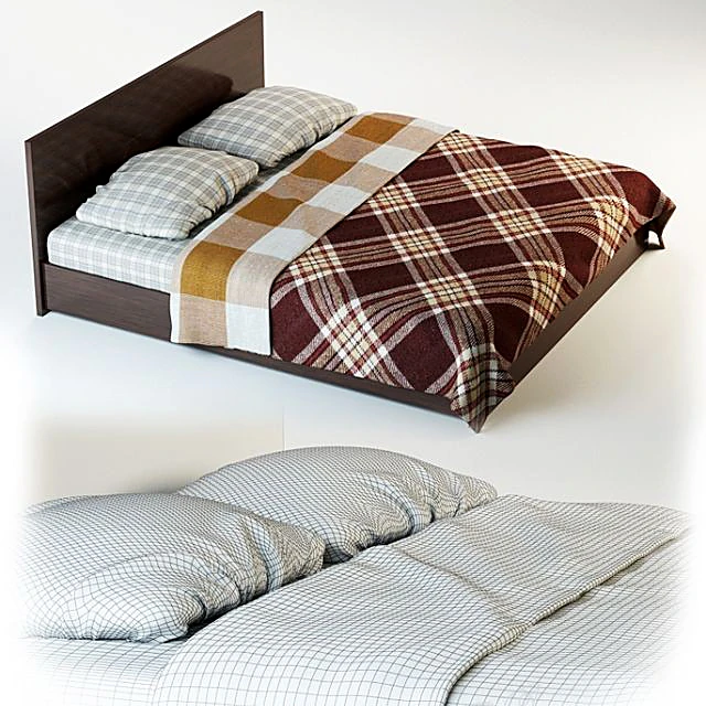 Wooden Bed with Plaid Linens