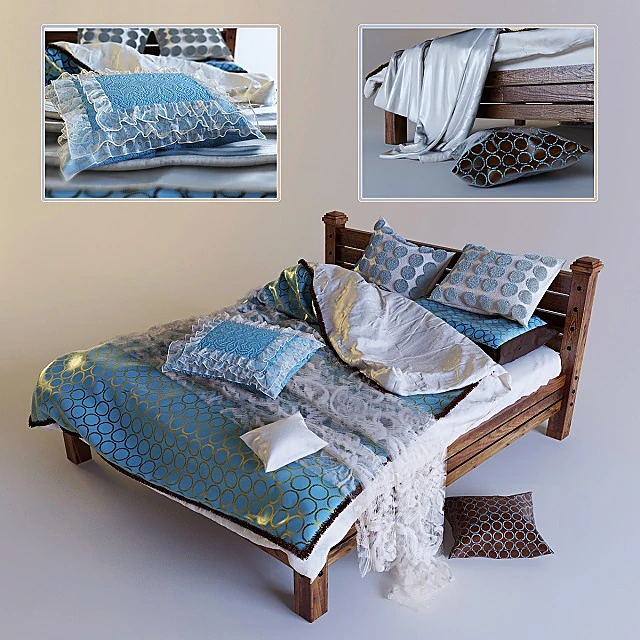 Wooden Bed with Patterned Linens