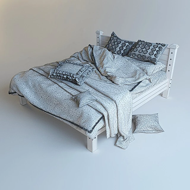 Wooden Bed with Patterned Linens (2)