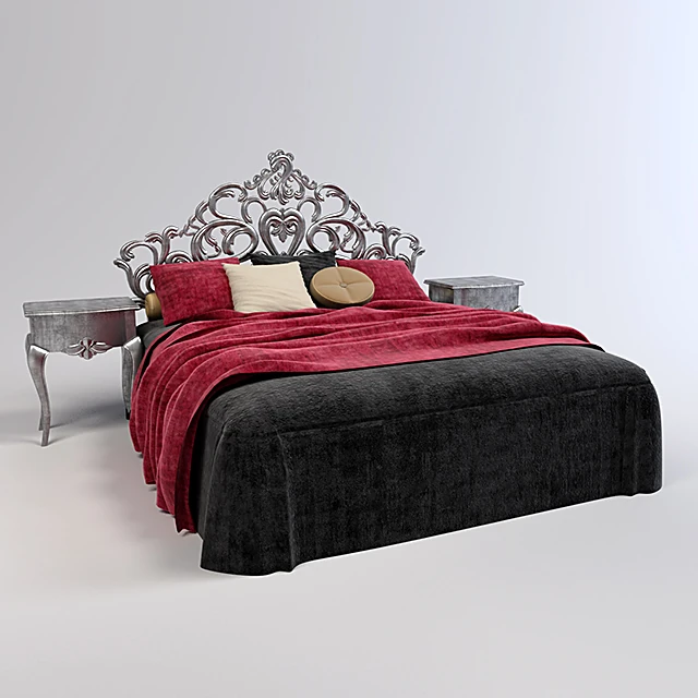 Classic Bed with Ornate Metal Headboard and Side Tables