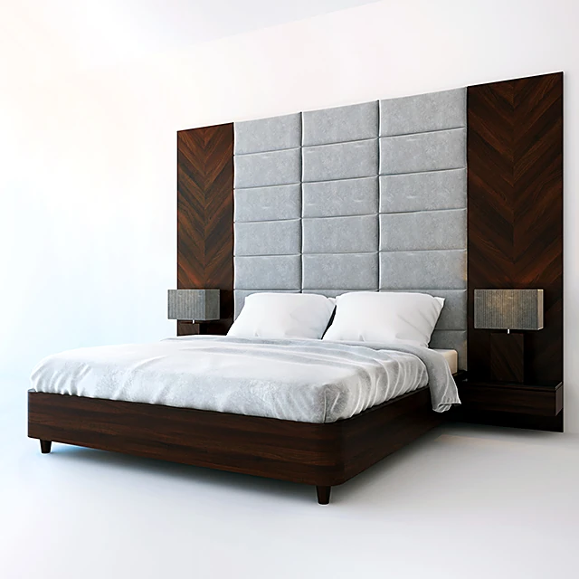 Bed with Upholstered Headboard and Wood Panels