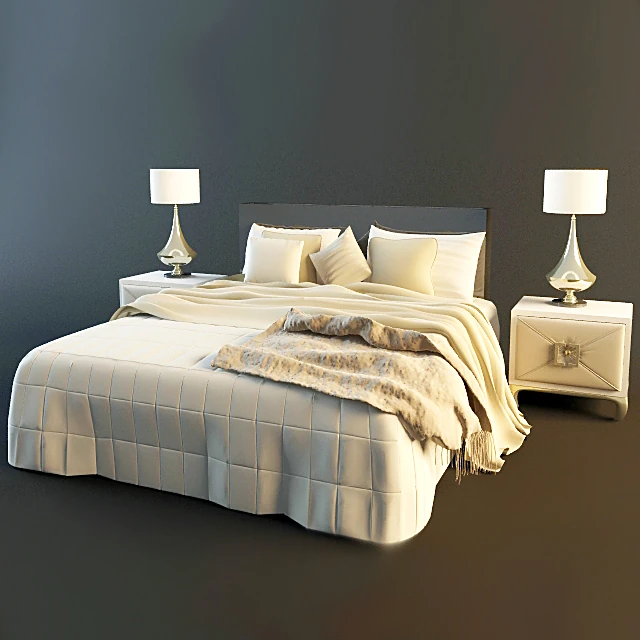 Upholstered Bed Set with Bedside Tables and Lamps