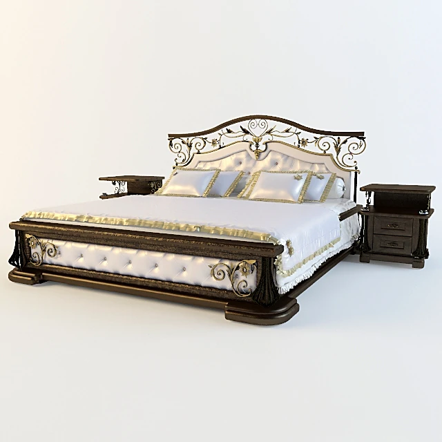 Bed with Ornate Metal and Tufted Fabric