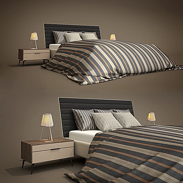 Modern Upholstered Bed with Striped Bedding