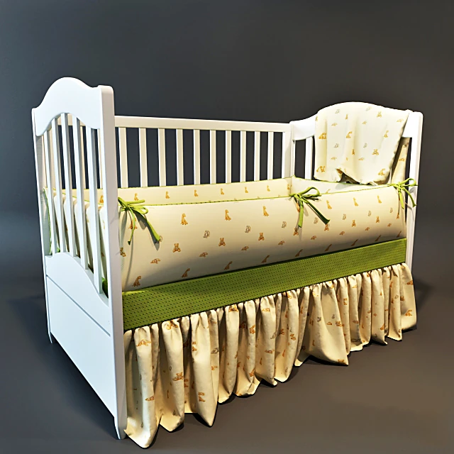 Baby bed with classic white wood and patterned linen