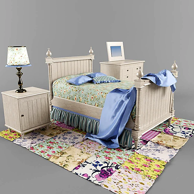 Teenage Bed with Classic Wooden Frame and Patterned Bedding