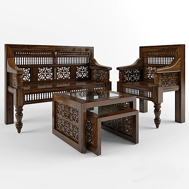 Settee and Chair Set with Intricate Wood Carvings
