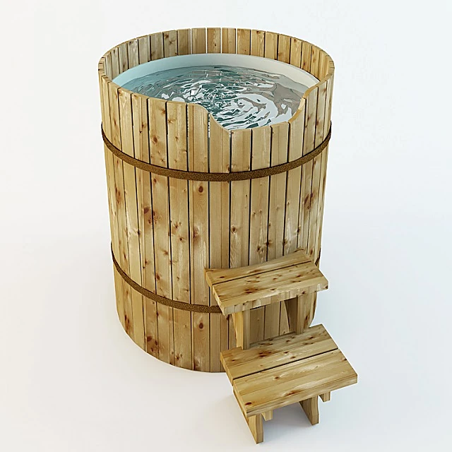 Rustic Wooden Bathtub with Step Stool