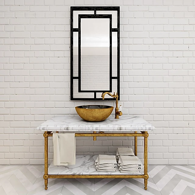 Bathroom Vanity with Golden Washbasin and Marble Top