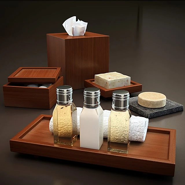 Bathroom Accessories Set with Wood and Ceramic Elements