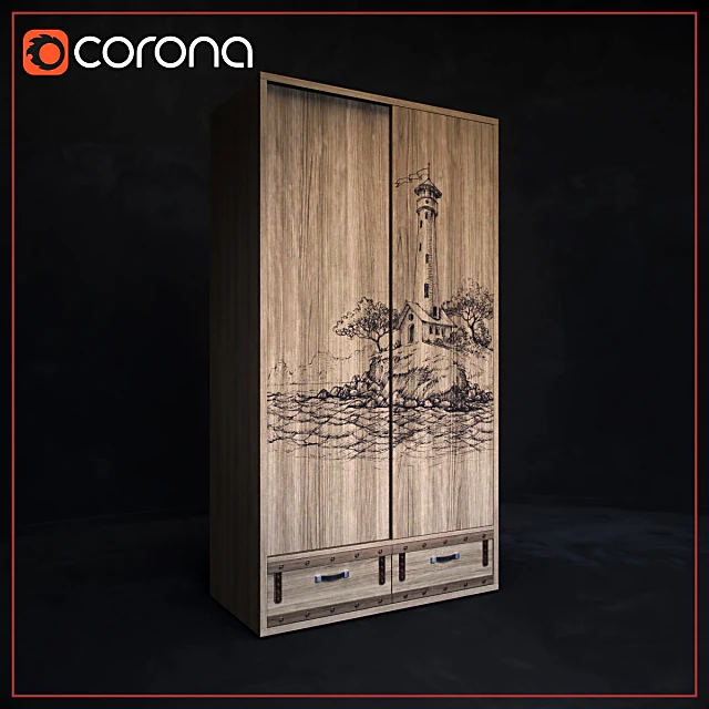 Sliding Wardrobe with Lighthouse Illustration