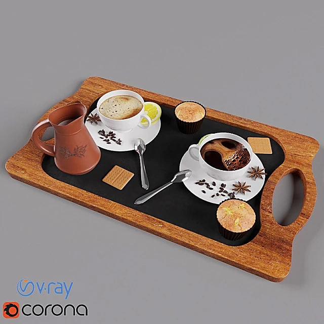 Coffee Set with Wooden Tray and Ceramic Cups