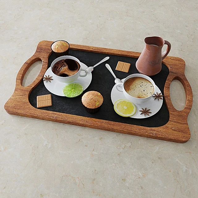 Coffee Set with Wooden Tray and Ceramic Cups (2)