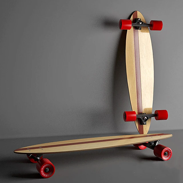 Longboard Pintail with Wooden Deck and Red Wheels
