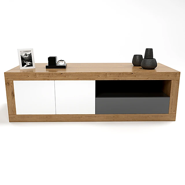 Modern Wood TV Table with White and Grey Panels (3)