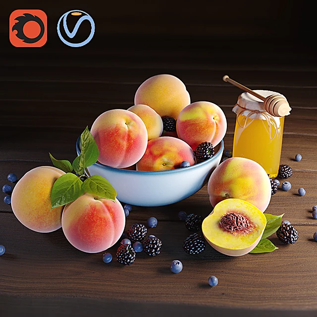 Food and Drinks Still Life Set with Peaches, Honey, and Berries