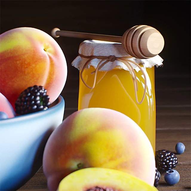 Food and Drinks Still Life Set with Peaches, Honey, and Berries (2)