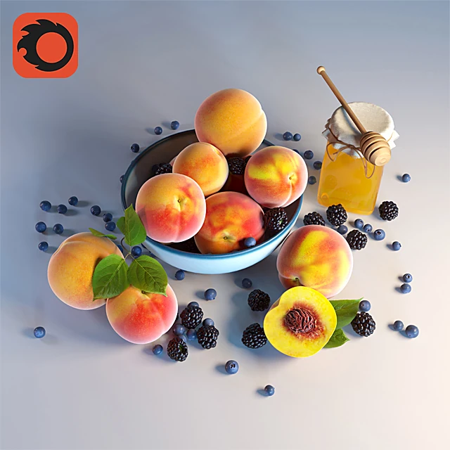 Food and Drinks Still Life Set with Peaches, Honey, and Berries (4)