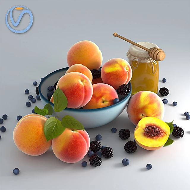 Food and Drinks Still Life Set with Peaches, Honey, and Berries (5)