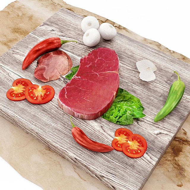 Food Set with Meat Steak and Vegetables on Cutting Board