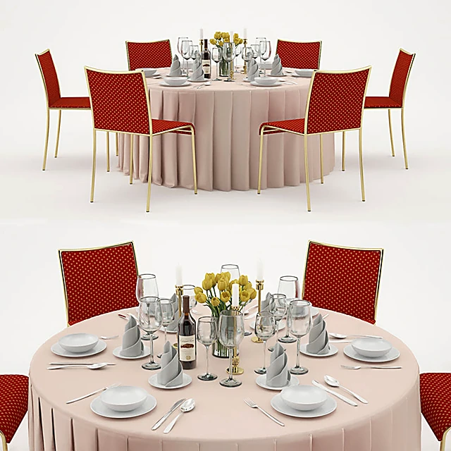 Banquet table with serving, pleated tablecloth and red chairs