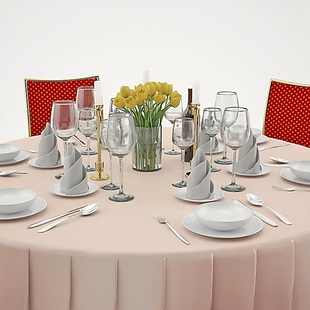 Banquet table with serving, pleated tablecloth and red chairs (2)