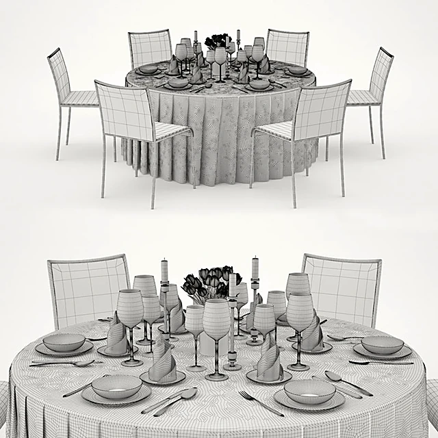 Banquet table with serving, pleated tablecloth and red chairs (5)