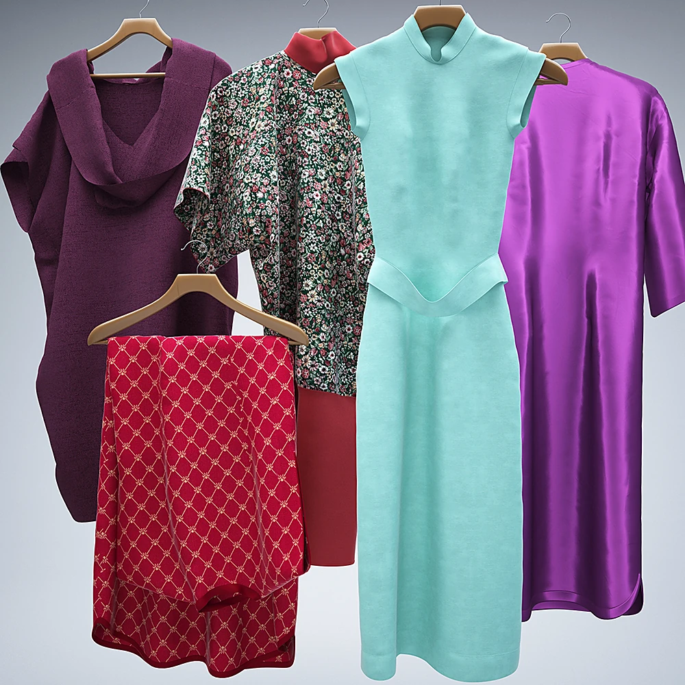 Hanging Garments with Diverse Fabrics and Patterns