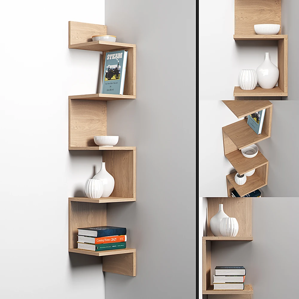 Corner Shelf with Staggered Wooden Design