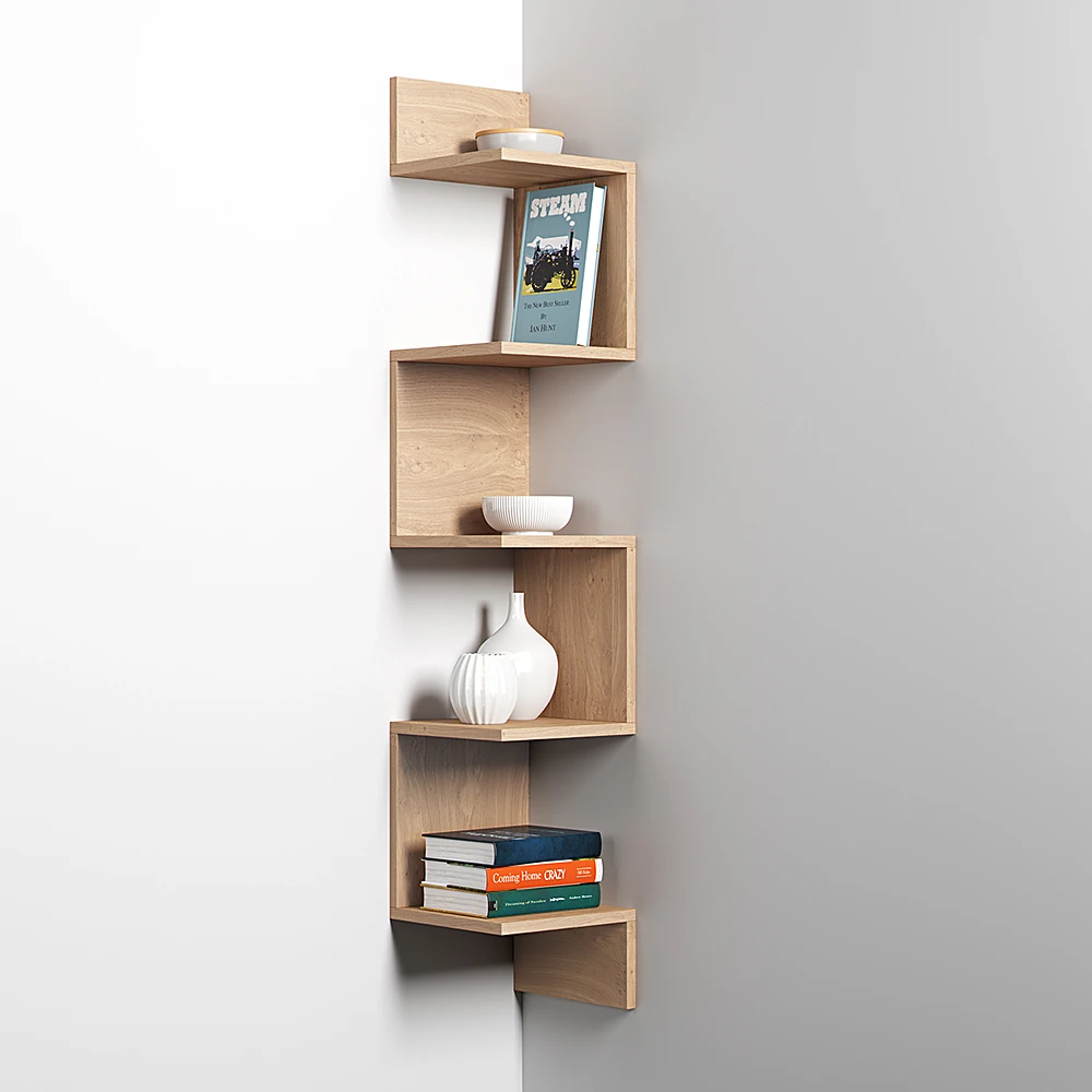 Corner Shelf with Staggered Wooden Design (2)