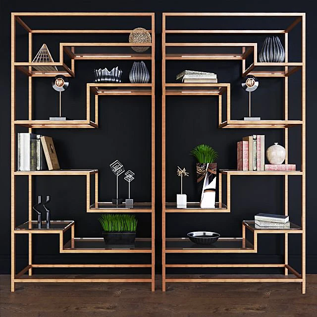 Shelving Unit with Geometric Metal and Glass