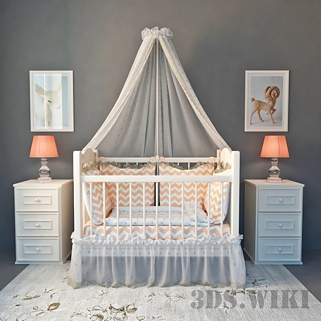 Baby Cot with Canopy and Chevron Bedding