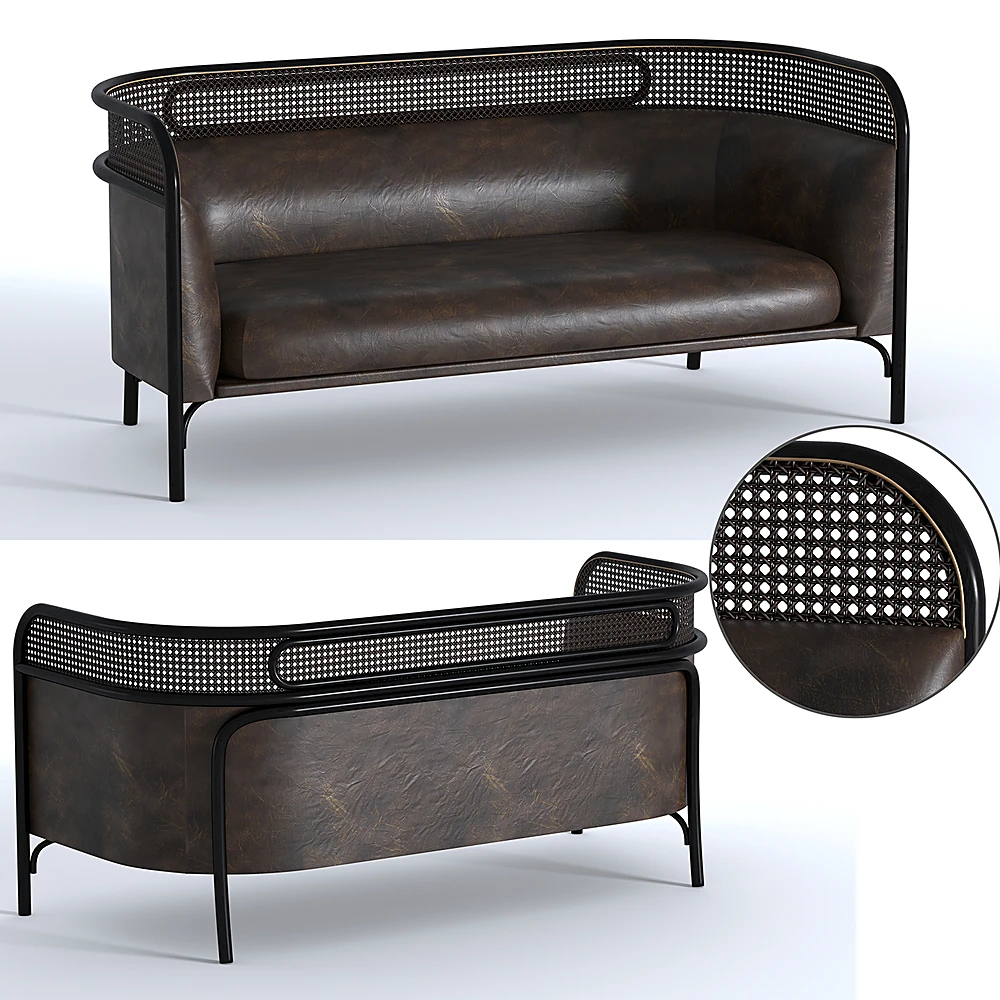 Sofa with Dark Leather and Cane Webbing