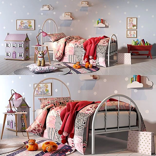 Children's Bedroom Set with White Metal Bed and Patchwork Bedding